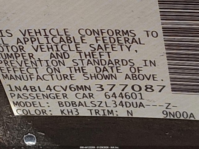 1N4BL4CV6MN377087 Nissan Altima Sr Fwd