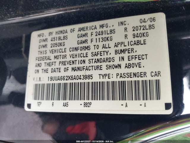 2006 ACURA TL 19UUA662X6A043985 Photo 8