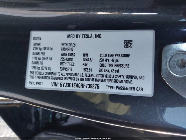 Aukcja sprzedaży 2024 Tesla Model 3 Long Range Dual Motor All-wheel Drive/rear-wheel Drive, vin: 5YJ3E1EA0RF739275, numer aukcji: 44122599