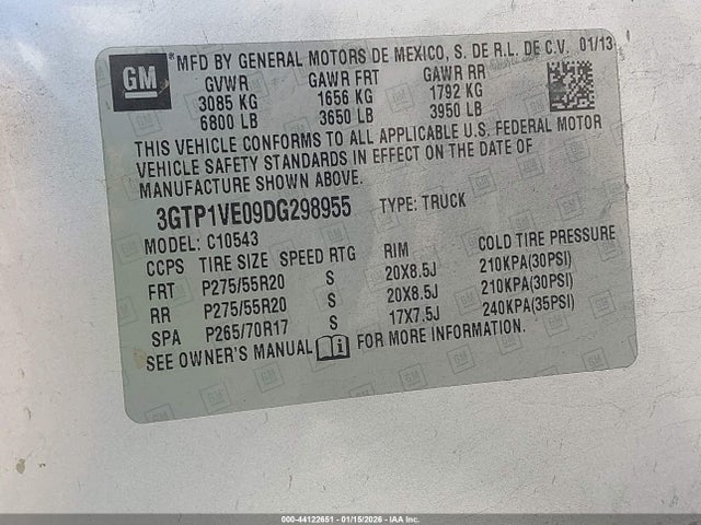 44122651 :رقم المزاد ، 3GTP1VE09DG298955 vin ، 2013 Gmc Sierra 1500 Sle مزاد بيع