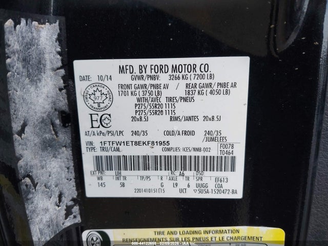 2014 Ford F-150 Fx4 მანქანა იყიდება აუქციონზე, vin: 1FTFW1ET8EKF81955, აუქციონის ნომერი: 44122655