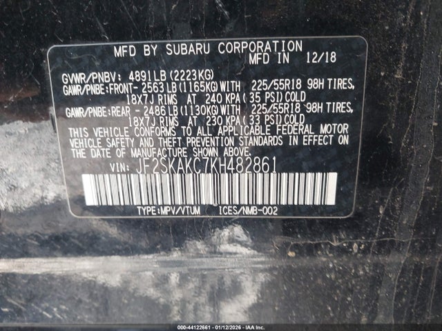 44122661 :رقم المزاد ، JF2SKAKC7KH482861 vin ، 2019 Subaru Forester Sport مزاد بيع