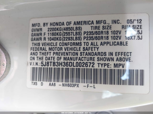 44122694 :رقم المزاد ، 5J8TB3H36DL002672 vin ، 2013 Acura Rdx مزاد بيع