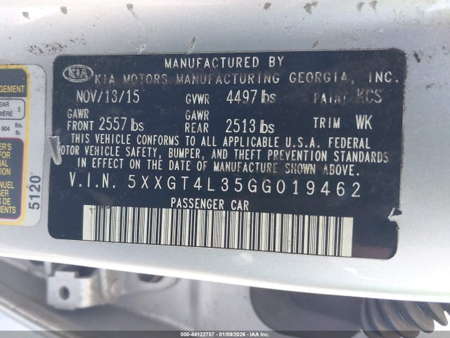 2016 Kia Optima Lx მანქანა იყიდება აუქციონზე, vin: 5XXGT4L35GG019462, აუქციონის ნომერი: 44122757