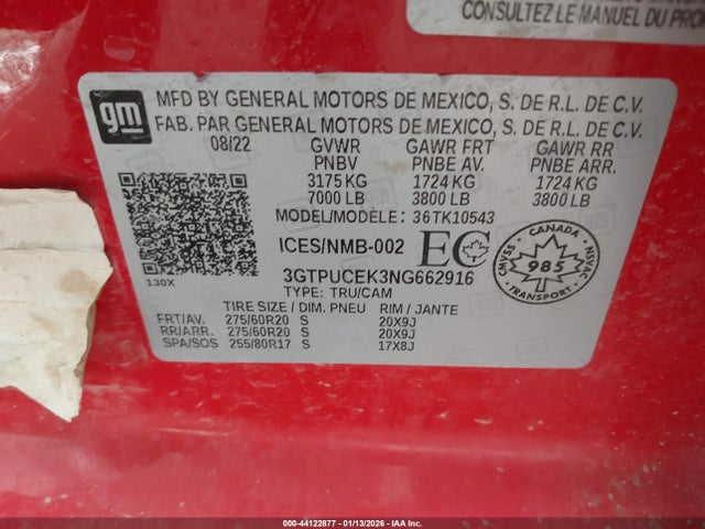 Aukcja sprzedaży 2022 Gmc Sierra 1500 Elevation, vin: 3GTPUCEK3NG662916, numer aukcji: 44122877