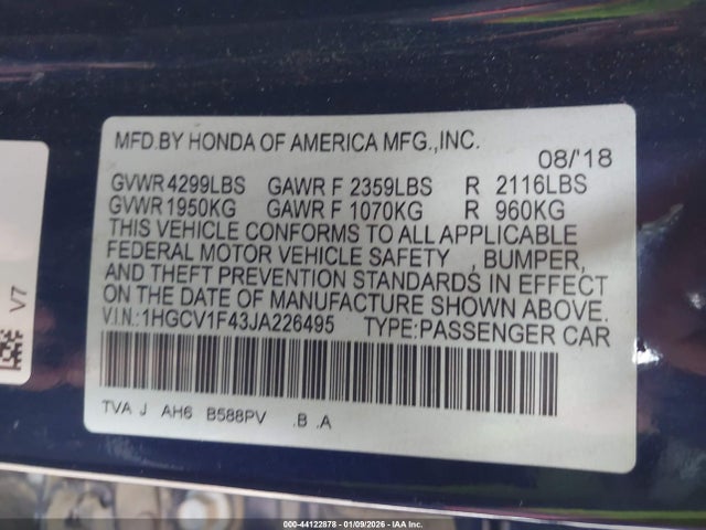 1HGCV1F43JA226495 Honda ACCORD EX