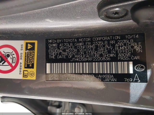 44122882 :رقم المزاد ، JTHKD5BHXF2220836 vin ، 2015 Lexus Ct 200h مزاد بيع