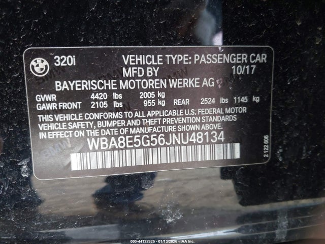 44122925 :رقم المزاد ، WBA8E5G56JNU48134 vin ، 2018 Bmw 320i Xdrive مزاد بيع
