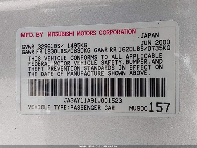 2001 MITSUBISHI MIRAGE JA3AY11A91U001523 Photo 8