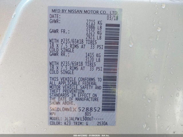 Auction sale of the 2018 Infiniti Qx60, vin: 5N1DL0MN1JC528852, lot number: 44123082