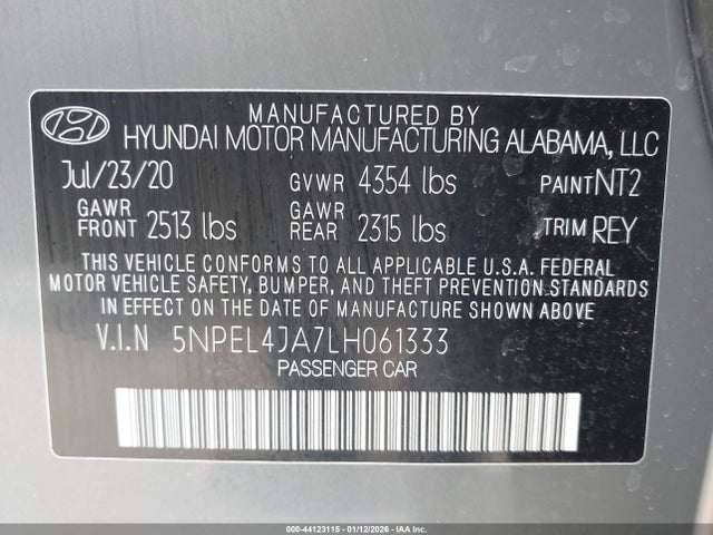 44123115 :رقم المزاد ، 5NPEL4JA7LH061333 vin ، 2020 Hyundai Sonata Sel مزاد بيع