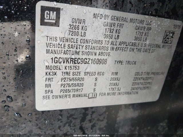 Продажа на аукционе авто 2016 Chevrolet Silverado 1500 1lt, vin: 1GCVKREC9GZ160908, номер лота: 44123416