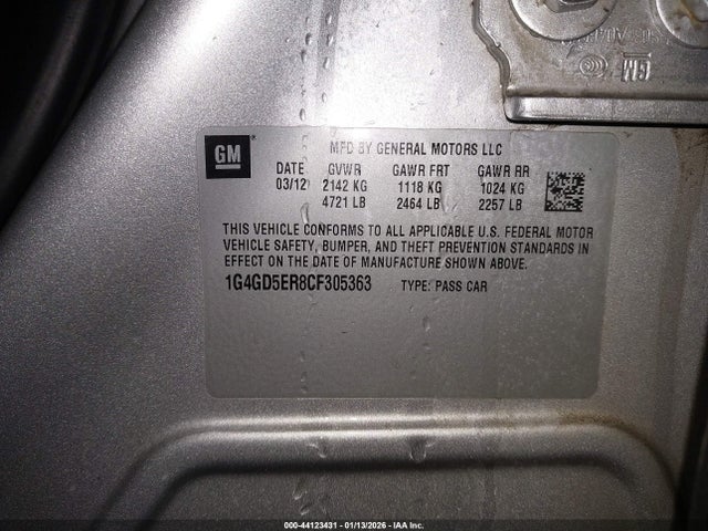 44123431 :رقم المزاد ، 1G4GD5ER8CF305363 vin ، 2012 Buick Lacrosse Premium 1 Group مزاد بيع