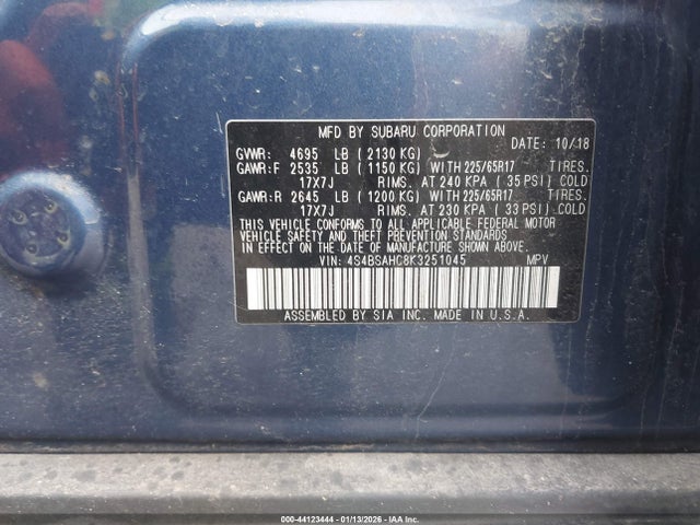 Aukcja sprzedaży 2019 Subaru Outback 2.5i Premium, vin: 4S4BSAHC8K3251045, numer aukcji: 44123444