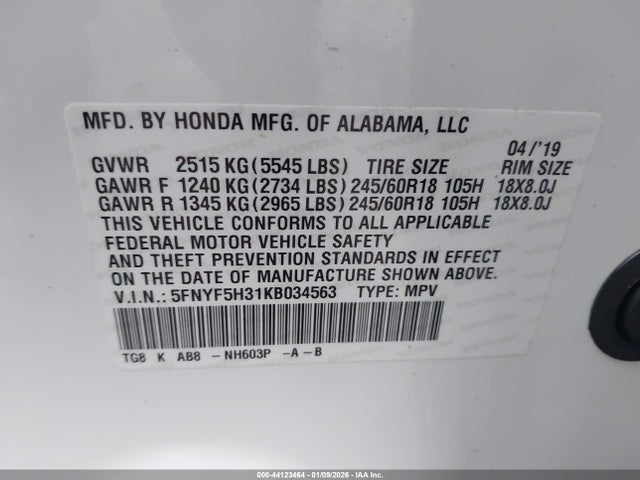 Honda Pilot Ex 2019 5FNYF5H31KB034563 Image 9