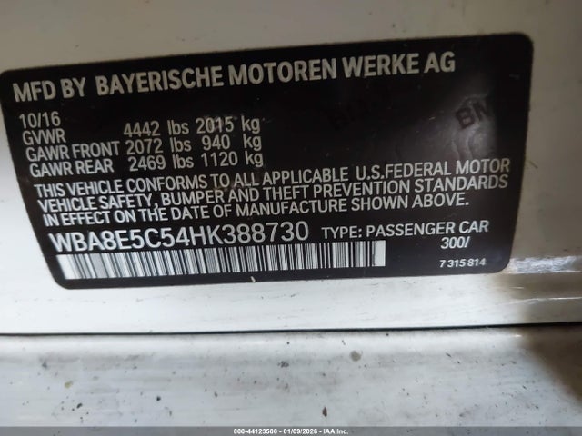Aukcja sprzedaży 2017 Bmw 328d, vin: WBA8E5C54HK388730, numer aukcji: 44123500