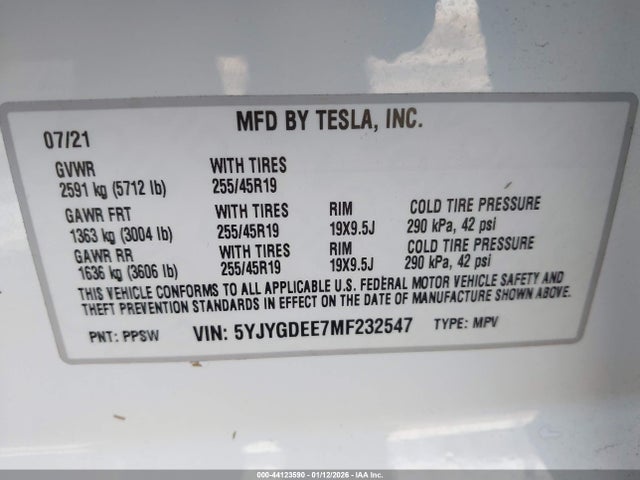 Aukcja sprzedaży 2021 Tesla Model Y Long Range Dual Motor All-wheel Drive, vin: 5YJYGDEE7MF232547, numer aukcji: 44123590