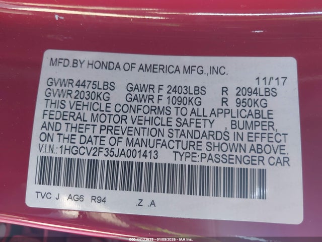 2018 HONDA ACCORD 1HGCV2F35JA001413 Photo 8