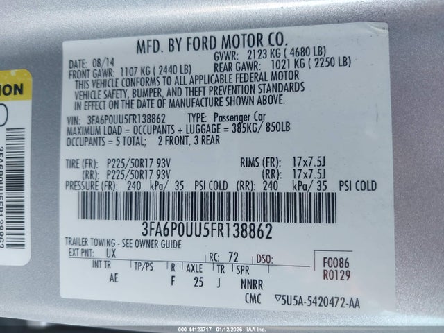 3FA6P0UU5FR138862 Ford Fusion Hybrid S