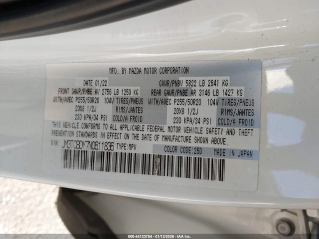Продаж на аукціоні авто 2022 Mazda Cx-9 Grand Touring, vin: JM3TCBDY7N0611836, номер лоту: 44123754
