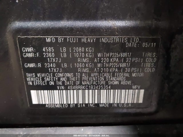 Aukcja sprzedaży 2011 Subaru Outback 2.5i Limited, vin: 4S4BRBKC1B3425354, numer aukcji: 44123783
