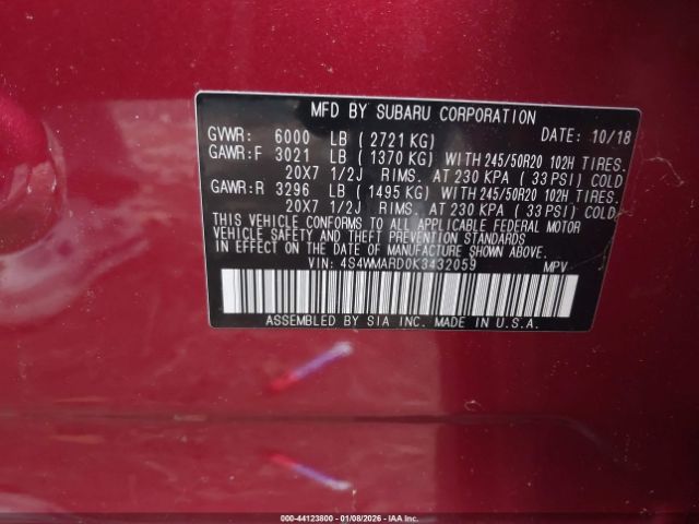 2019 SUBARU ASCENT 4S4WMARD0K3432059 Photo 8