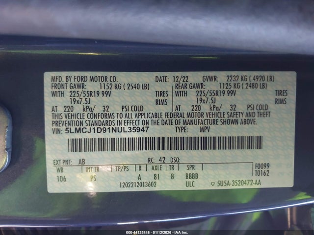 Продажа на аукционе авто 2022 Lincoln Corsair Standard, vin: 5LMCJ1D91NUL35947, номер лота: 44123846