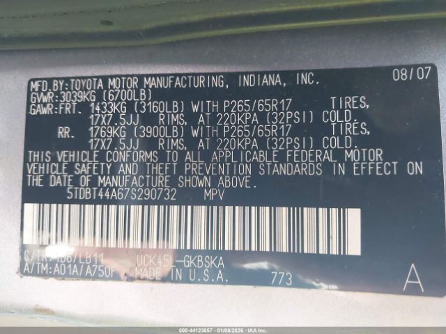 2007 TOYOTA SEQUOIA 5TDBT44A67S290732 Photo 8