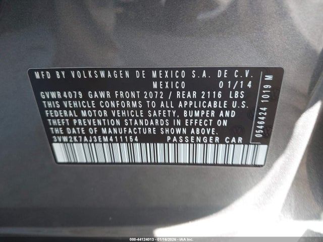 2014 Volkswagen Jetta 2.0l S მანქანა იყიდება აუქციონზე, vin: 3VW2K7AJ3EM411154, აუქციონის ნომერი: 44124013