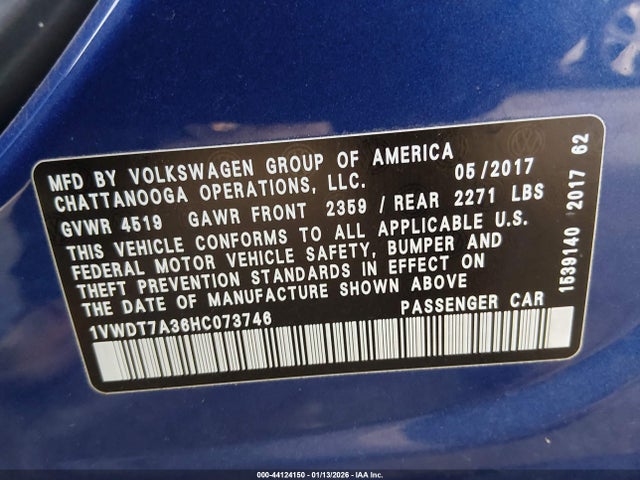 44124150 :رقم المزاد ، 1VWDT7A36HC073746 vin ، 2017 Volkswagen Passat 1.8t R-line مزاد بيع