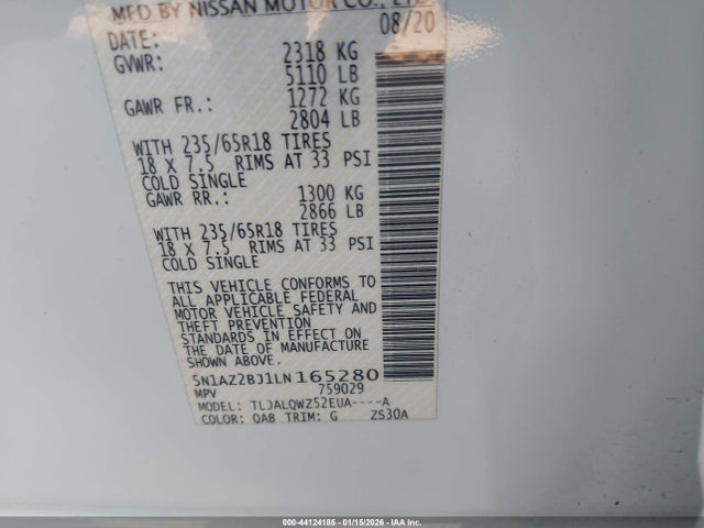 5N1AZ2BJ1LN165280 Nissan Murano Sv Fwd