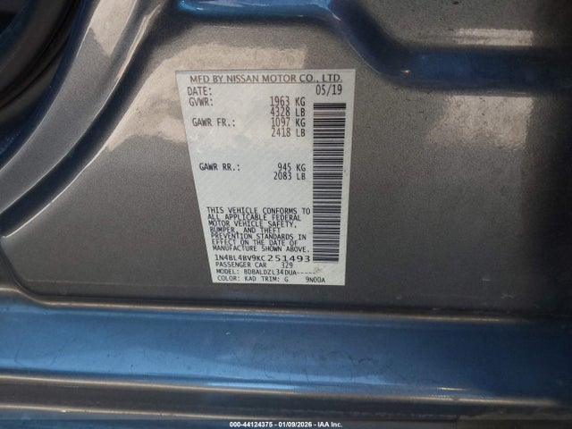 2019 Nissan Altima 2.5 S მანქანა იყიდება აუქციონზე, vin: 1N4BL4BV9KC251493, აუქციონის ნომერი: 44124375