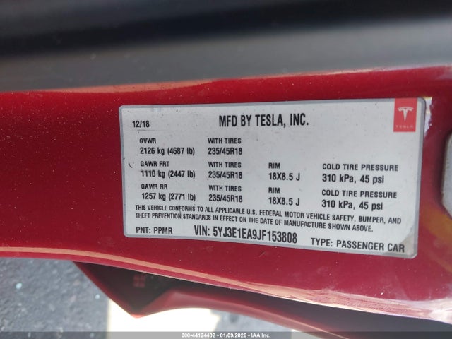Продаж на аукціоні авто 2018 Tesla Model 3, vin: 5YJ3E1EA9JF153808, номер лоту: 44124402