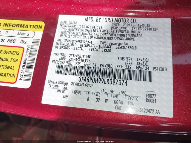 Ford FUSION SE 2014 3FA6P0H99ER397374 Image 9