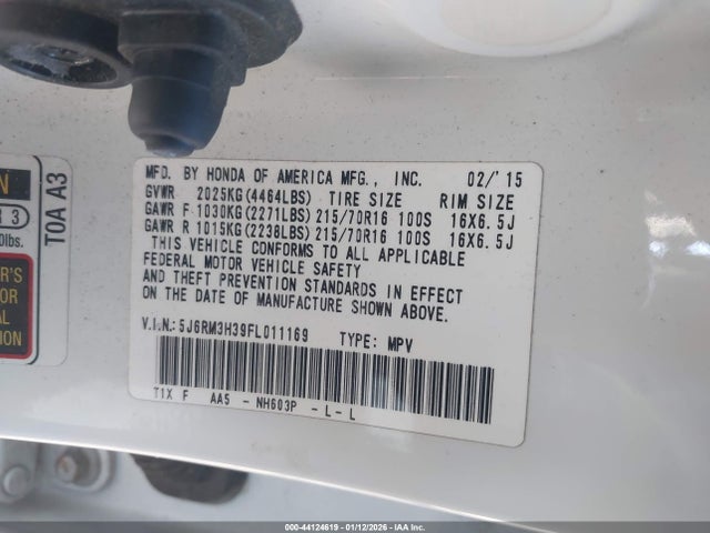 Продаж на аукціоні авто 2015 Honda Cr-v Lx, vin: 5J6RM3H39FL011169, номер лоту: 44124619