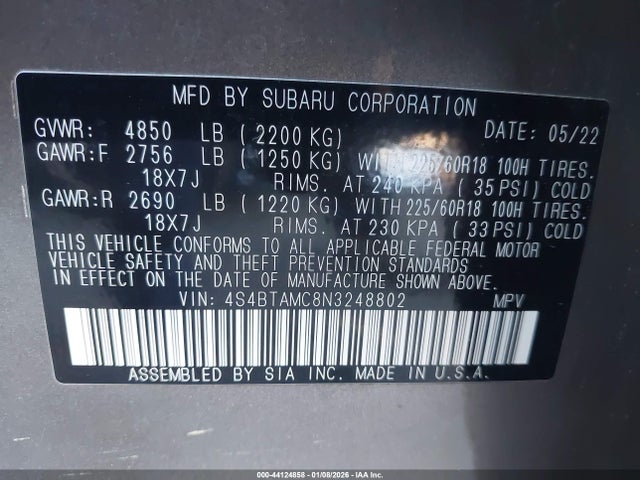 4S4BTAMC8N3248802 Subaru Outback Limited