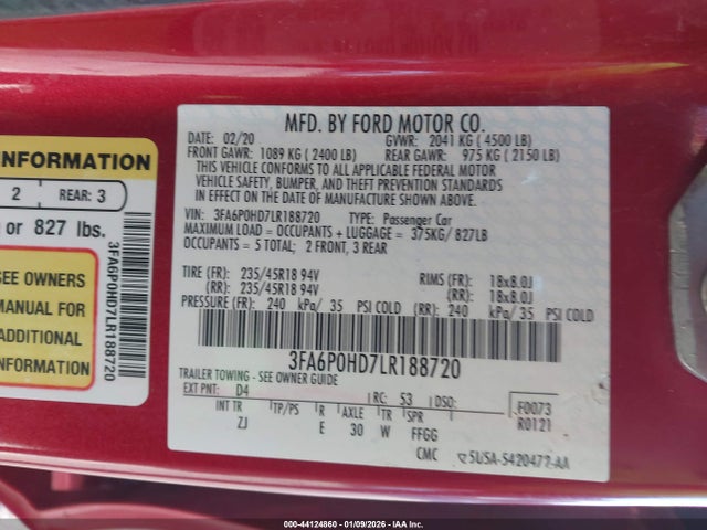 Ford FUSION SE 2020 3FA6P0HD7LR188720 Image 9