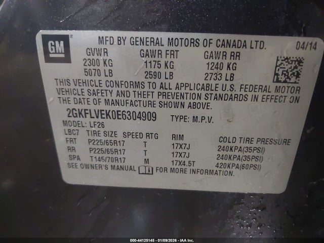 Aukcja sprzedaży 2014 Gmc Terrain Sle-1, vin: 2GKFLVEK0E6304909, numer aukcji: 44125145