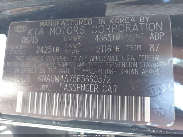 44125229 :رقم المزاد ، KNAGM4A75F5660372 vin ، 2015 Kia Optima Lx مزاد بيع