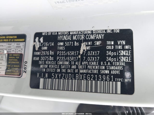 44125257 :رقم المزاد ، 5XYZUDLBXEG213961 vin ، 2014 Hyundai Santa Fe Sport 2.4l مزاد بيع
