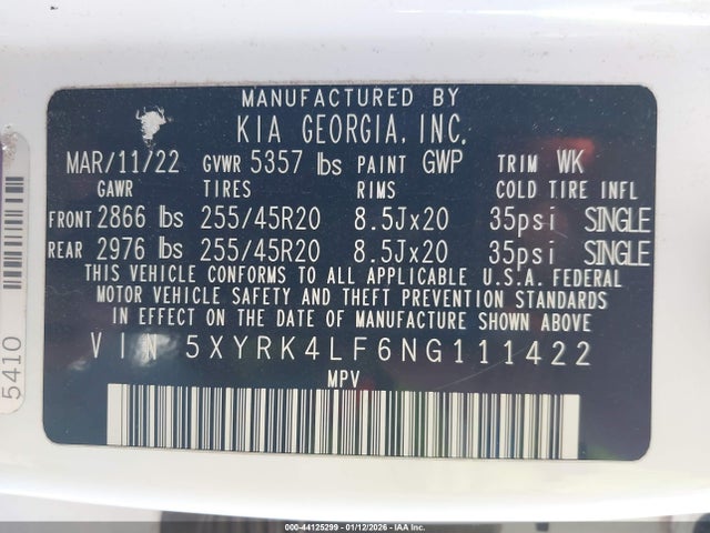 5XYRK4LF6NG111422 KIA SORENTO SX