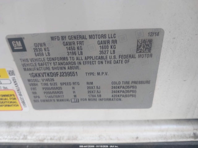 44125300 :رقم المزاد ، 1GKKVTKD9FJ239551 vin ، 2015 Gmc Acadia Denali مزاد بيع