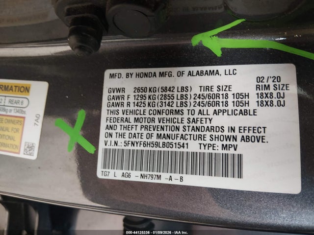 5FNYF6H59LB051541 Honda Pilot Awd Ex-l