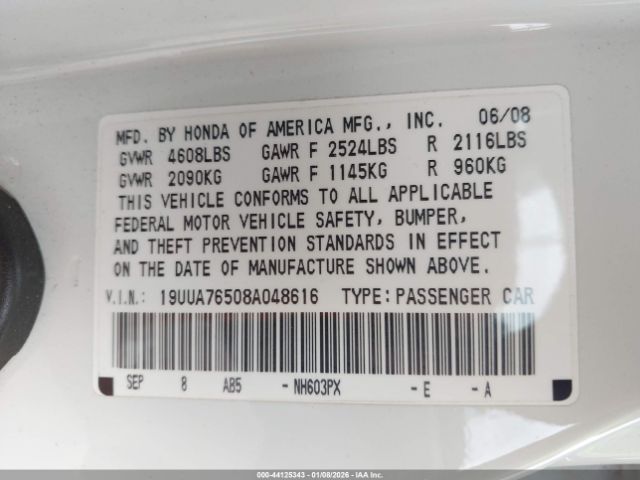 2008 ACURA TL 19UUA76508A048616 Photo 8