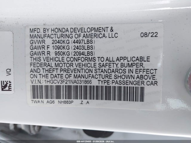 1HGCV3F21NA031866 Honda Accord Hybrid Sport