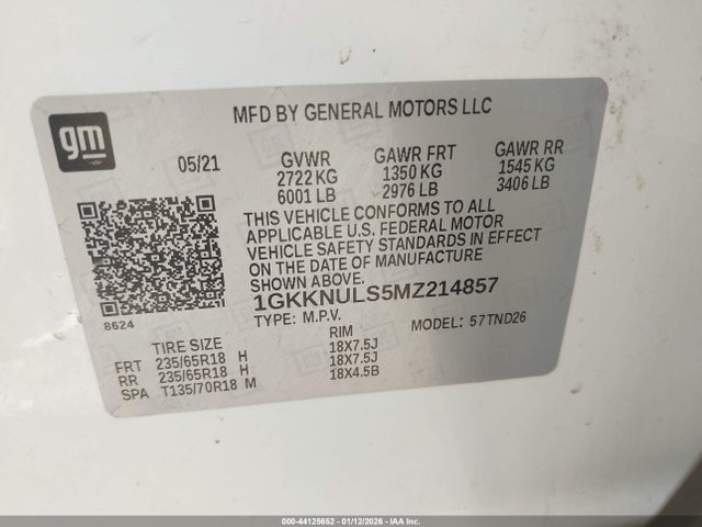 44125652 :رقم المزاد ، 1GKKNULS5MZ214857 vin ، 2021 Gmc Acadia Awd Slt مزاد بيع