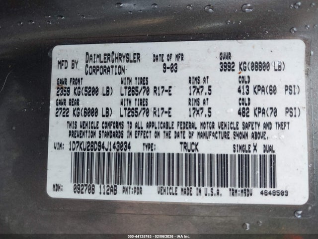 Продажа на аукционе авто 2004 Dodge Ram 2500 Slt/laramie, vin: 1D7KU28D94J143034, номер лота: 44125763