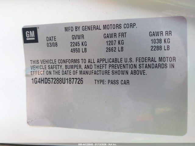 Продажа на аукционе авто 2008 Buick Lucerne Cxl, vin: 1G4HD57288U187726, номер лота: 44125845