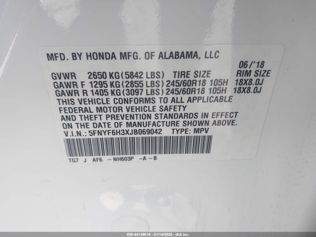 5FNYF6H3XJB069042 Honda Pilot Ex