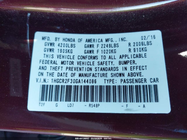 1HGCR2F30GA144086 Honda ACCORD LX